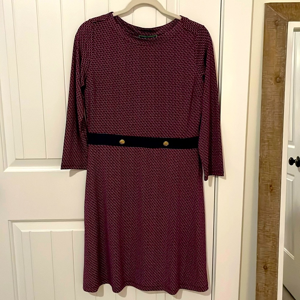 Great structured dress by c Wonder!  Beautiful fall colors w/ blue piping waste.